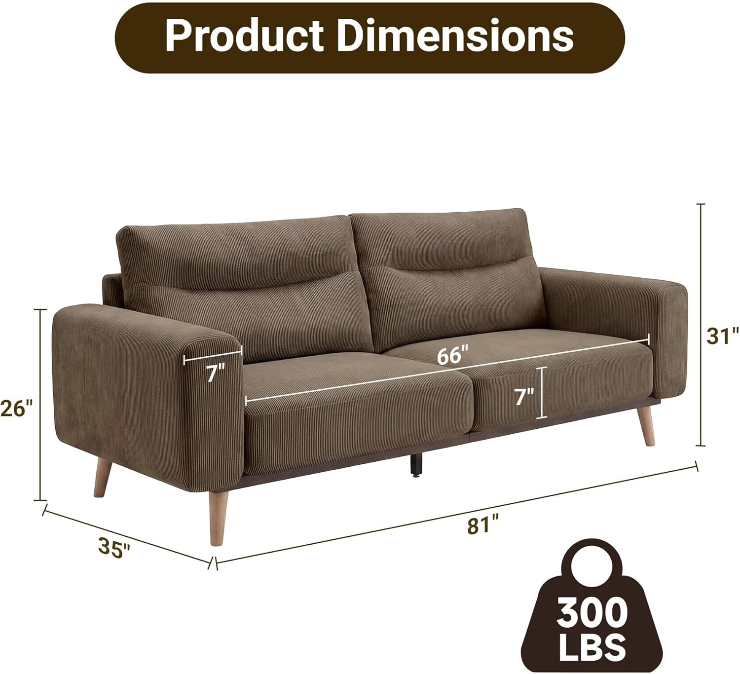 image:imageClaiks 118 Modern Boneless Couch Corduroy Modular Cloud Sofa for Living Room Deep Seat Sectional with Movable Ottoman No Assembly Required YellowBrown