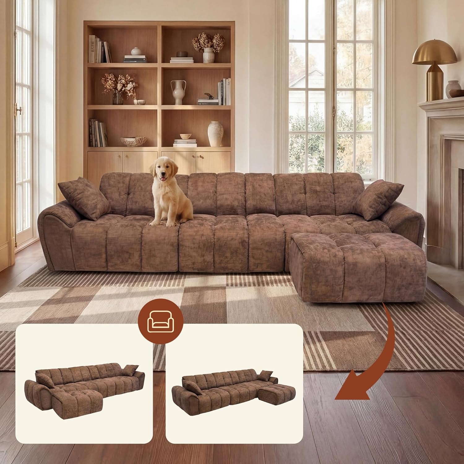 image:imageClaiks 118 Modern Boneless Couch Corduroy Modular Cloud Sofa for Living Room Deep Seat Sectional with Movable Ottoman No Assembly Required YellowBrown