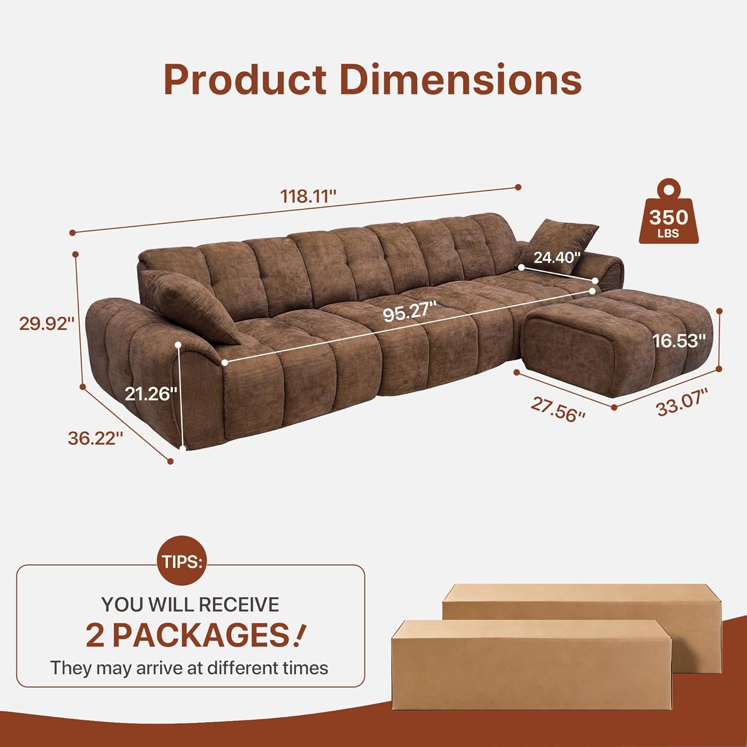 image:imageClaiks 118 Modern Boneless Couch Corduroy Modular Cloud Sofa for Living Room Deep Seat Sectional with Movable Ottoman No Assembly Required YellowBrown