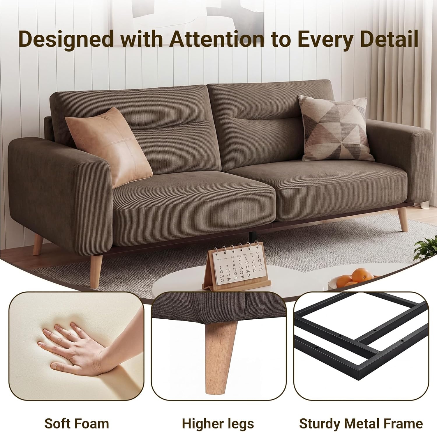 image:imageClaiks 118 Modern Boneless Couch Corduroy Modular Cloud Sofa for Living Room Deep Seat Sectional with Movable Ottoman No Assembly Required YellowBrown