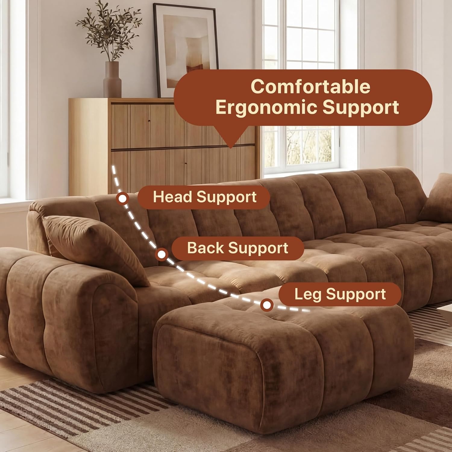 image:imageClaiks 118 Modern Boneless Couch Corduroy Modular Cloud Sofa for Living Room Deep Seat Sectional with Movable Ottoman No Assembly Required YellowBrown