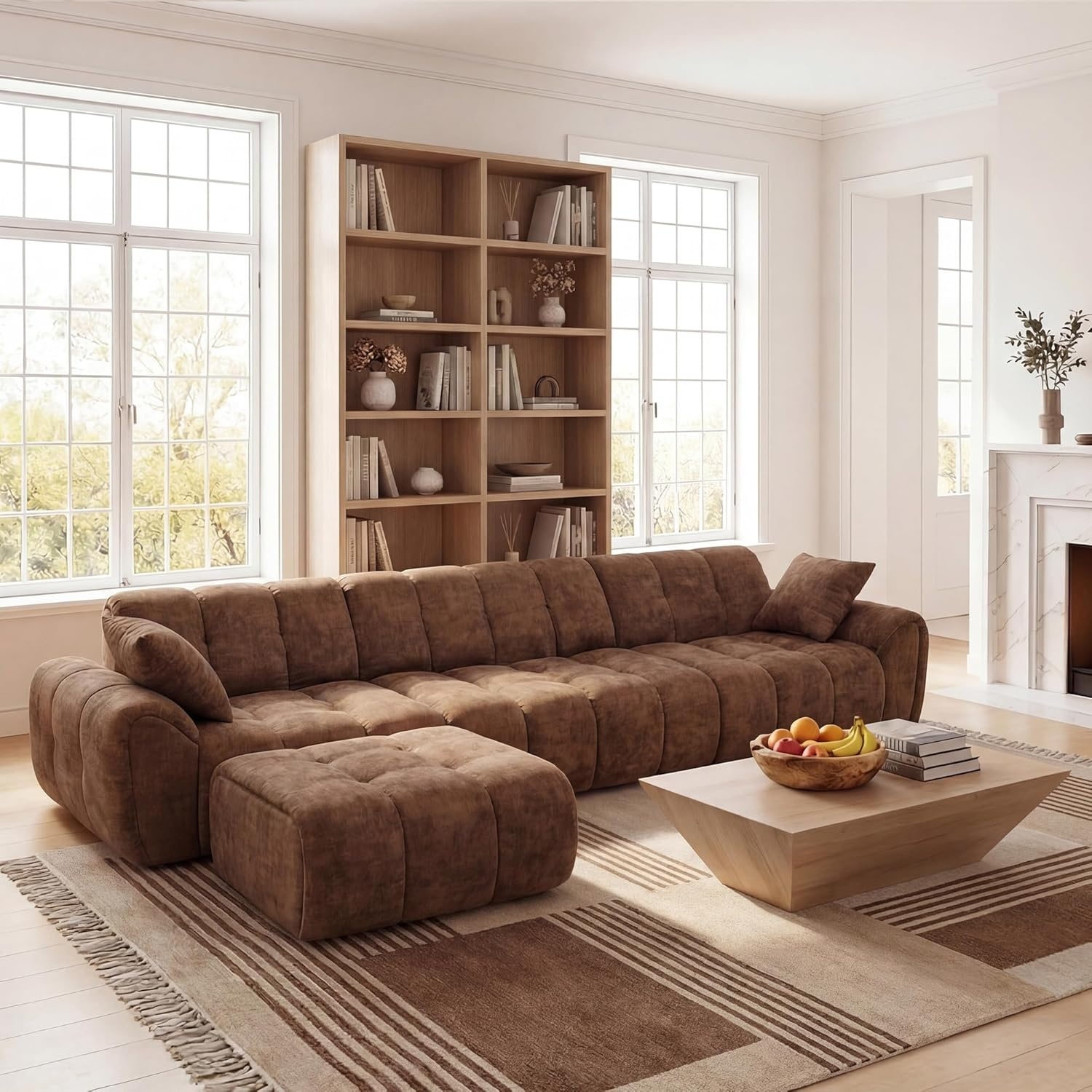 image:imageClaiks 118 Modern Boneless Couch Corduroy Modular Cloud Sofa for Living Room Deep Seat Sectional with Movable Ottoman No Assembly Required YellowBrown