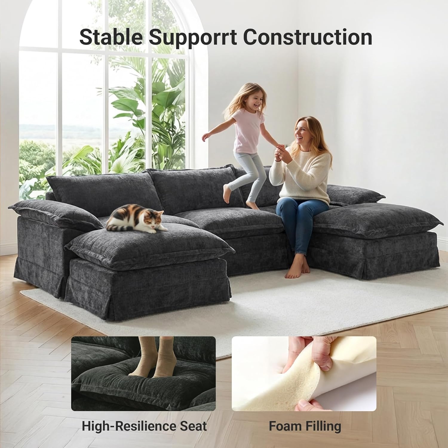 image:imageClaiks 118 Modern Boneless Couch Corduroy Modular Cloud Sofa for Living Room Deep Seat Sectional with Movable Ottoman No Assembly Required YellowDark Grey