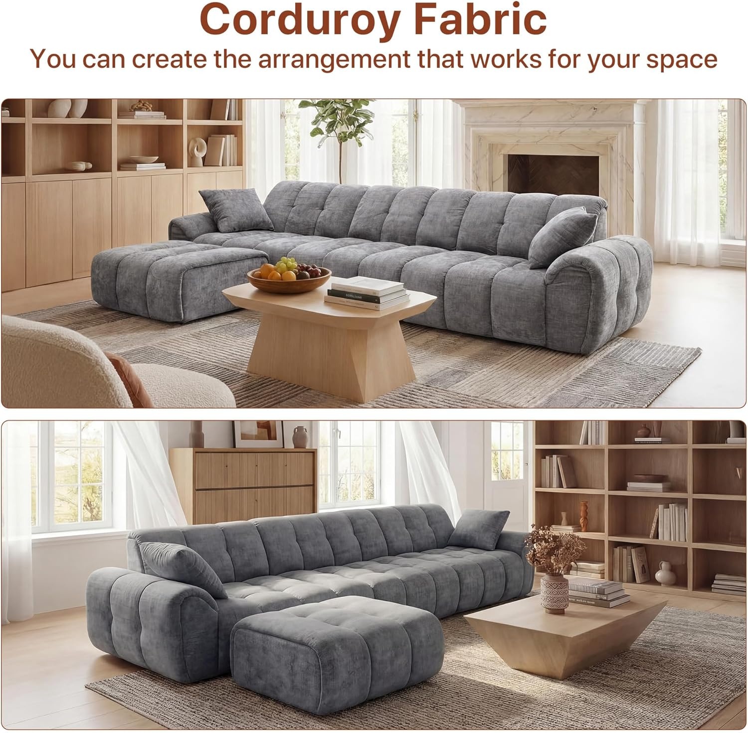 image:imageClaiks 118 Modern Boneless Couch Corduroy Modular Cloud Sofa for Living Room Deep Seat Sectional with Movable Ottoman No Assembly Required YellowDark Grey