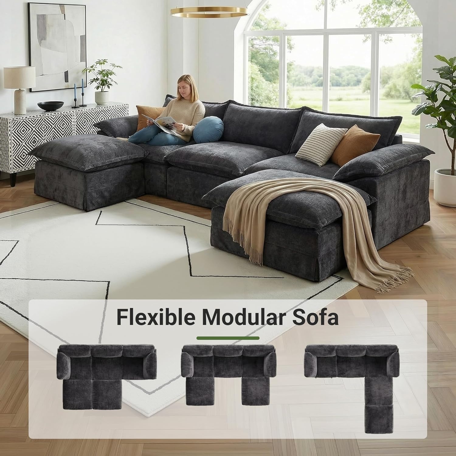 image:imageClaiks 118 Modern Boneless Couch Corduroy Modular Cloud Sofa for Living Room Deep Seat Sectional with Movable Ottoman No Assembly Required YellowDark Grey