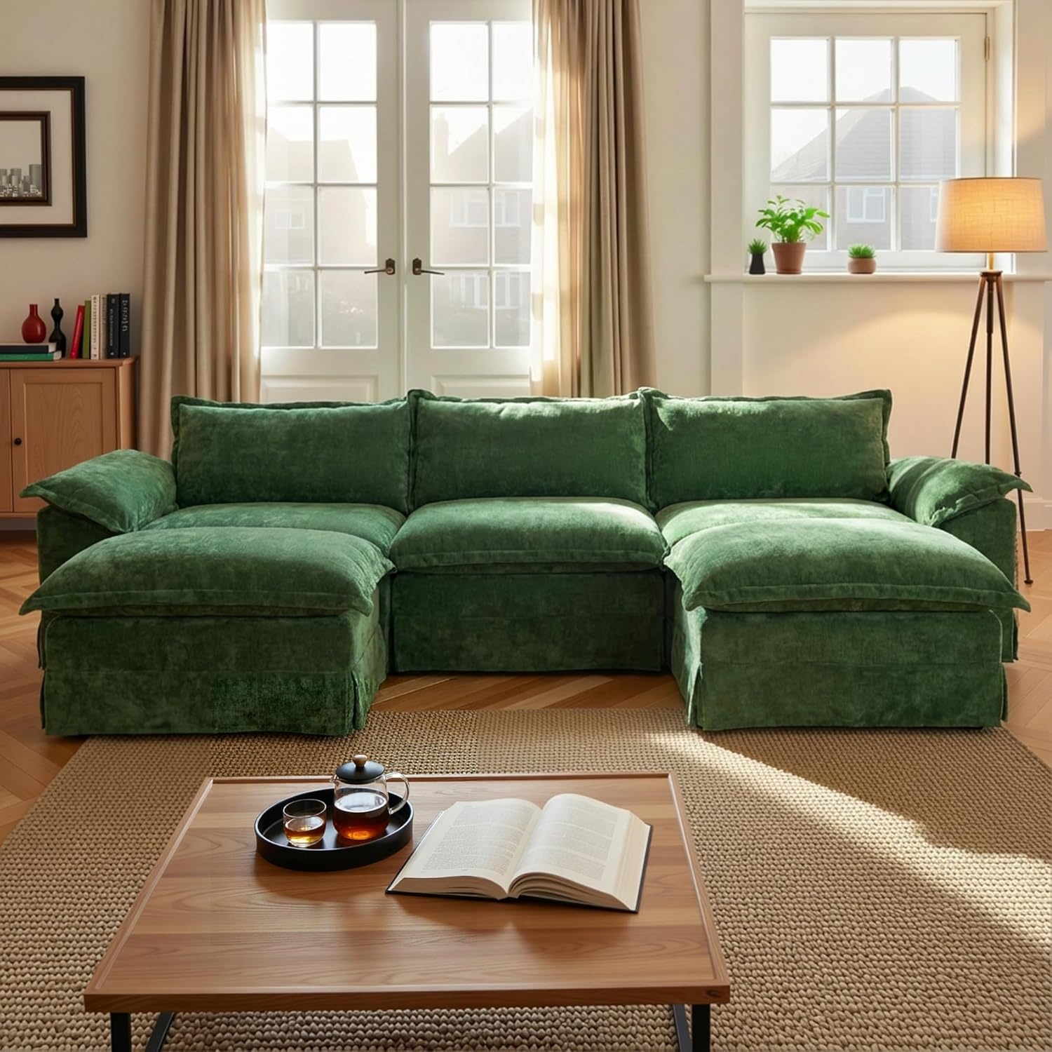 image:imageClaiks 118 Modern Boneless Couch Corduroy Modular Cloud Sofa for Living Room Deep Seat Sectional with Movable Ottoman No Assembly Required YellowDark Green