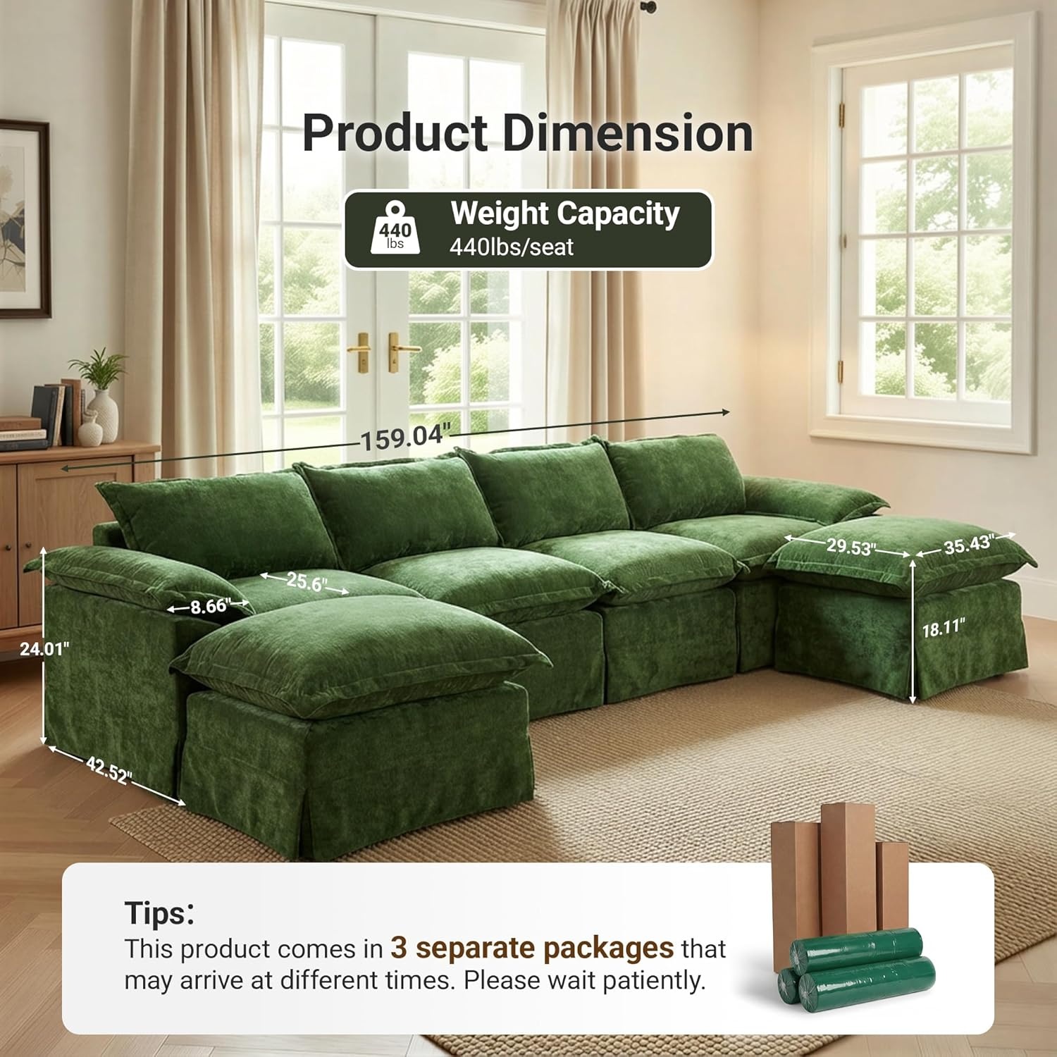 image:imageClaiks 118 Modern Boneless Couch Corduroy Modular Cloud Sofa for Living Room Deep Seat Sectional with Movable Ottoman No Assembly Required YellowDark Green