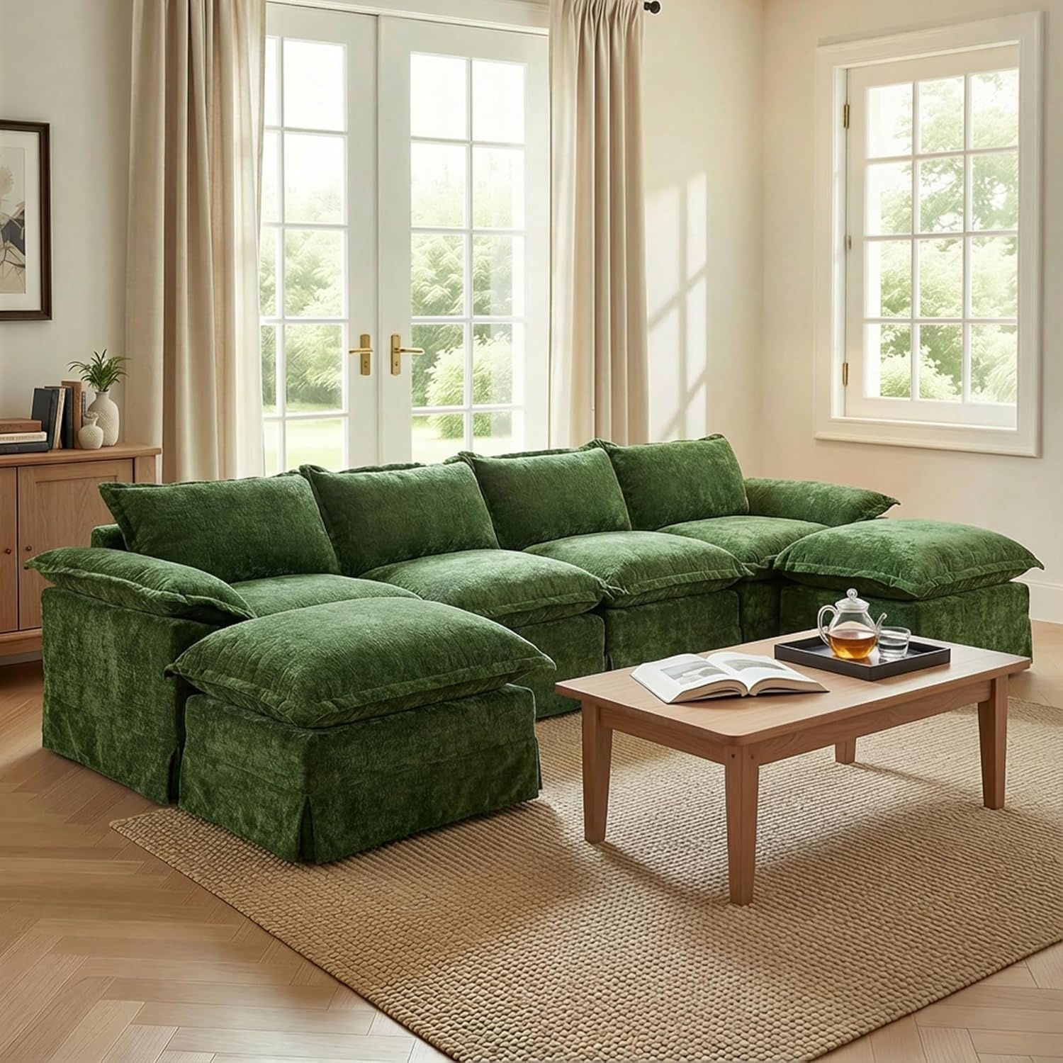 image:imageClaiks 118 Modern Boneless Couch Corduroy Modular Cloud Sofa for Living Room Deep Seat Sectional with Movable Ottoman No Assembly Required YellowDark Green