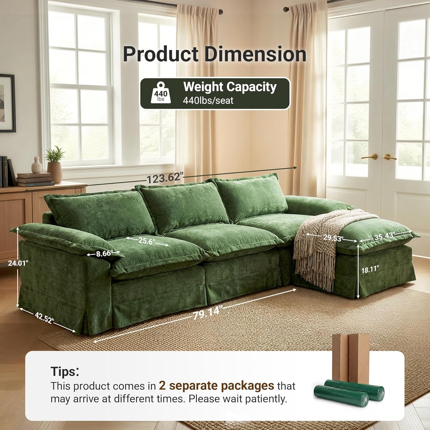image:imageClaiks 118 Modern Boneless Couch Corduroy Modular Cloud Sofa for Living Room Deep Seat Sectional with Movable Ottoman No Assembly Required YellowDark Green