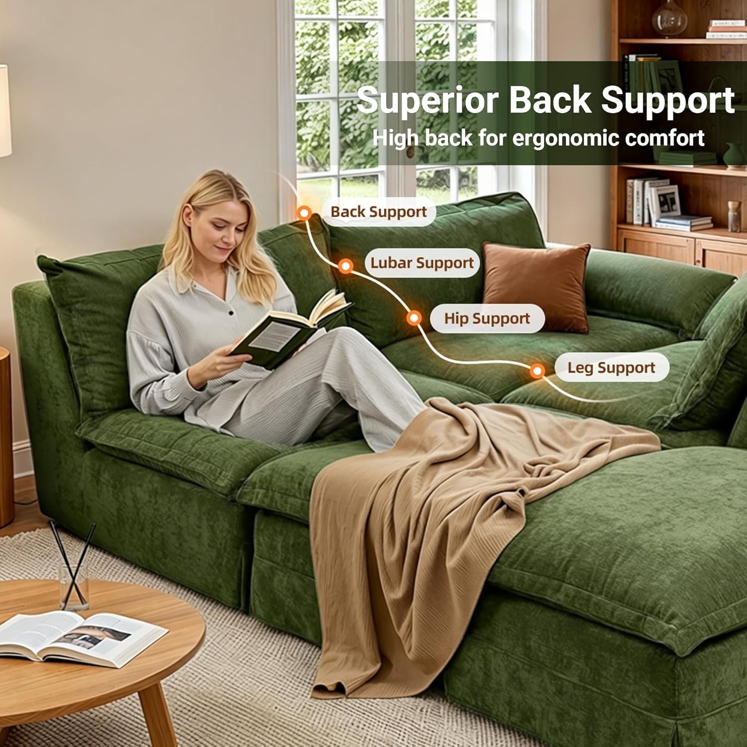 image:imageClaiks 118 Modern Boneless Couch Corduroy Modular Cloud Sofa for Living Room Deep Seat Sectional with Movable Ottoman No Assembly Required YellowDark Green