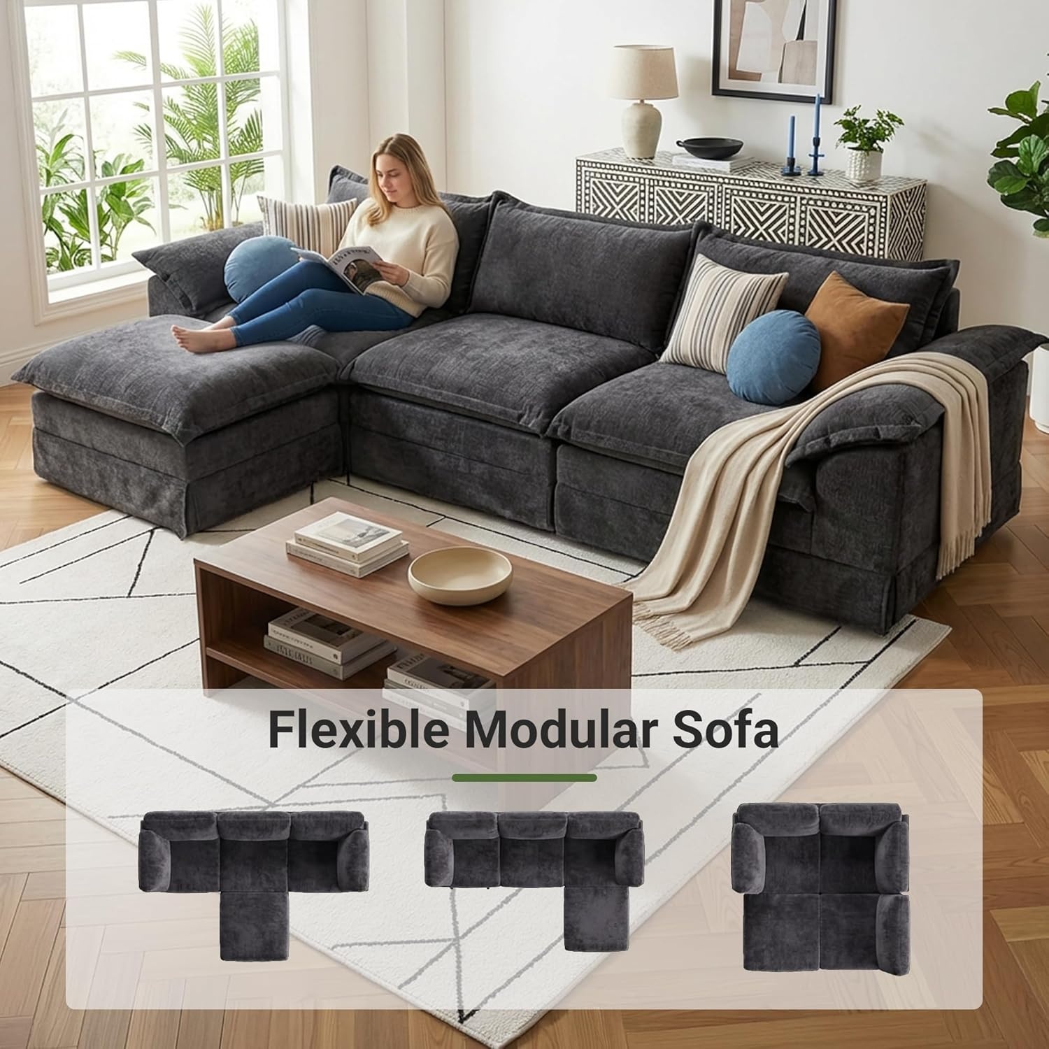 image:imageClaiks 118 Modern Boneless Couch Corduroy Modular Cloud Sofa for Living Room Deep Seat Sectional with Movable Ottoman No Assembly Required YellowDark Grey