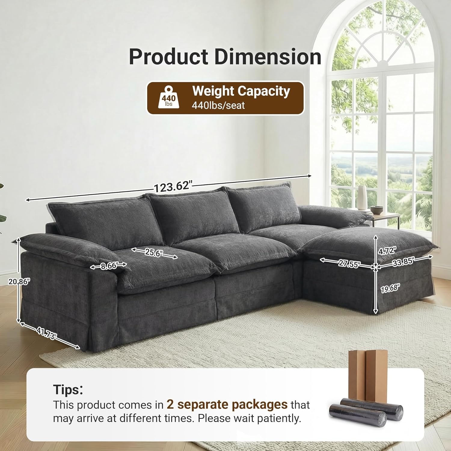 image:imageClaiks 118 Modern Boneless Couch Corduroy Modular Cloud Sofa for Living Room Deep Seat Sectional with Movable Ottoman No Assembly Required YellowDark Grey