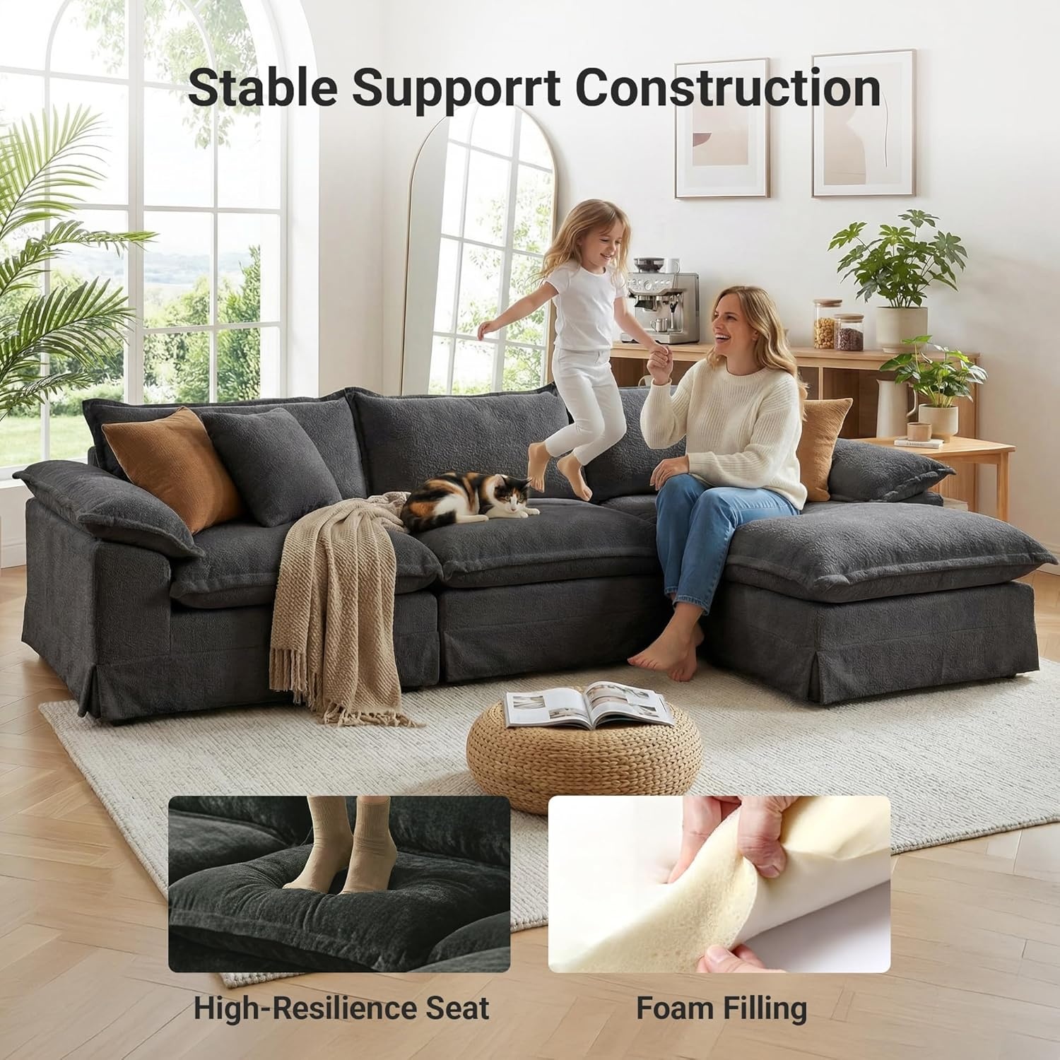 image:imageClaiks 118 Modern Boneless Couch Corduroy Modular Cloud Sofa for Living Room Deep Seat Sectional with Movable Ottoman No Assembly Required YellowDark Grey