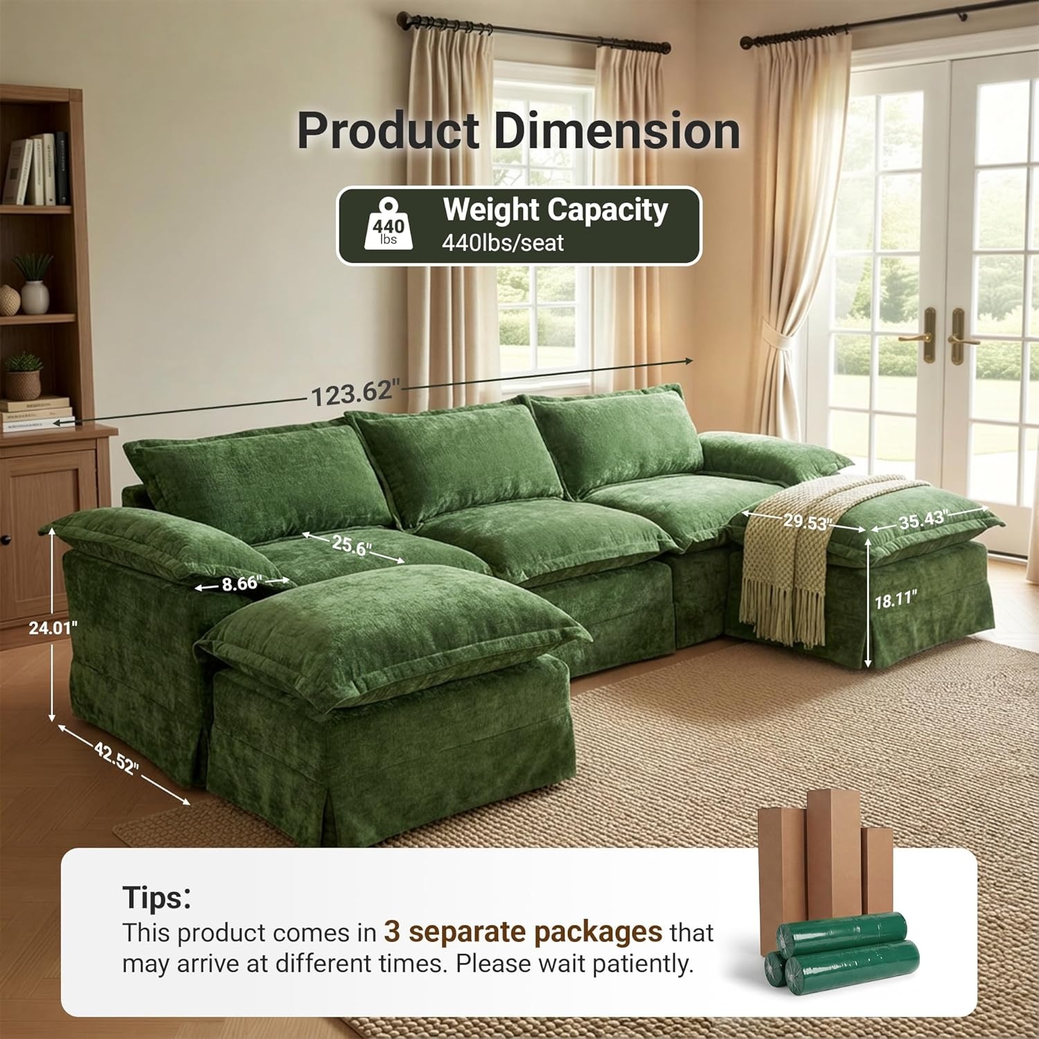 image:imageClaiks 118 Modern Boneless Couch Corduroy Modular Cloud Sofa for Living Room Deep Seat Sectional with Movable Ottoman No Assembly Required YellowDark Green