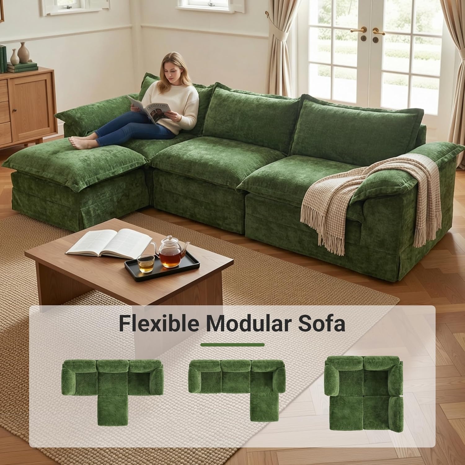 image:imageClaiks 118 Modern Boneless Couch Corduroy Modular Cloud Sofa for Living Room Deep Seat Sectional with Movable Ottoman No Assembly Required YellowDark Green