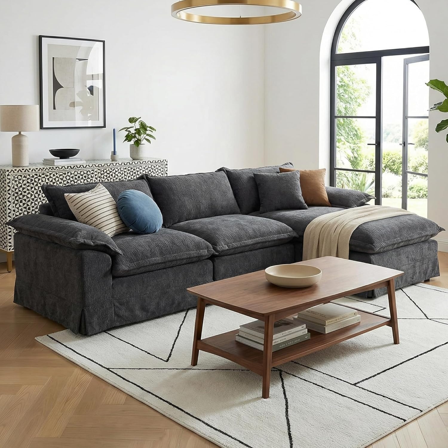 image:imageClaiks 118 Modern Boneless Couch Corduroy Modular Cloud Sofa for Living Room Deep Seat Sectional with Movable Ottoman No Assembly Required YellowDark Grey