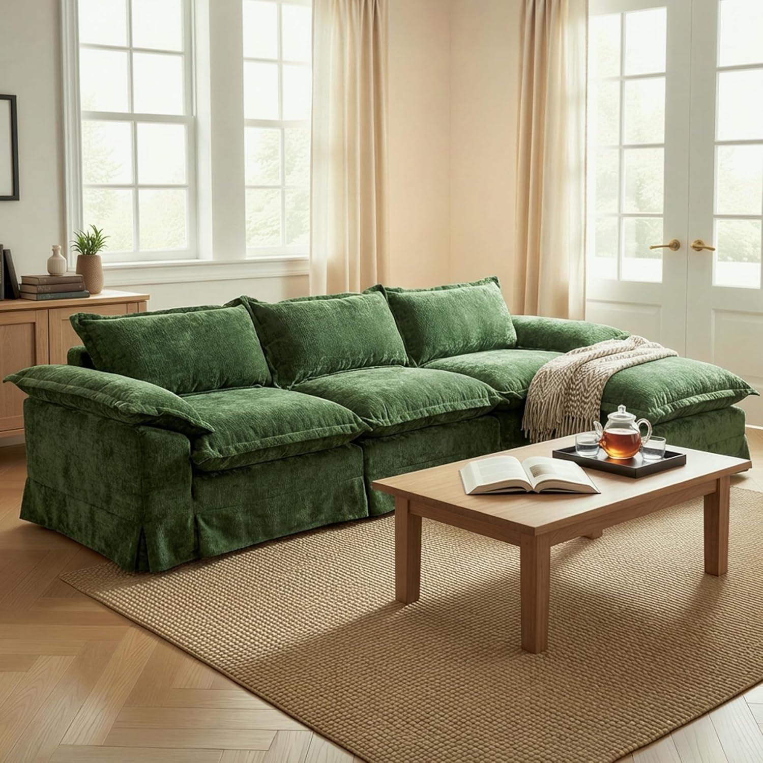 image:imageClaiks 118 Modern Boneless Couch Corduroy Modular Cloud Sofa for Living Room Deep Seat Sectional with Movable Ottoman No Assembly Required YellowDark Green
