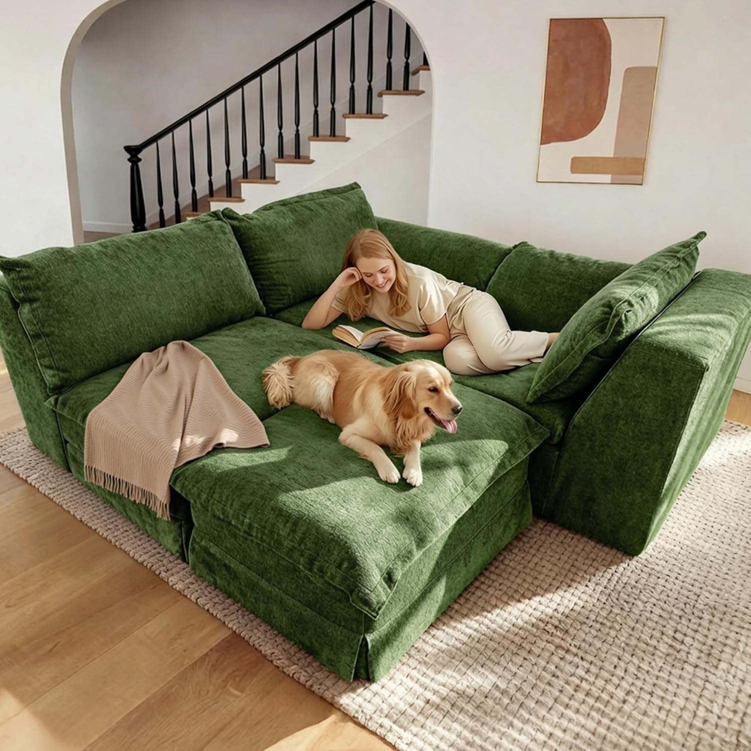 image:imageClaiks 118 Modern Boneless Couch Corduroy Modular Cloud Sofa for Living Room Deep Seat Sectional with Movable Ottoman No Assembly Required YellowDark Green