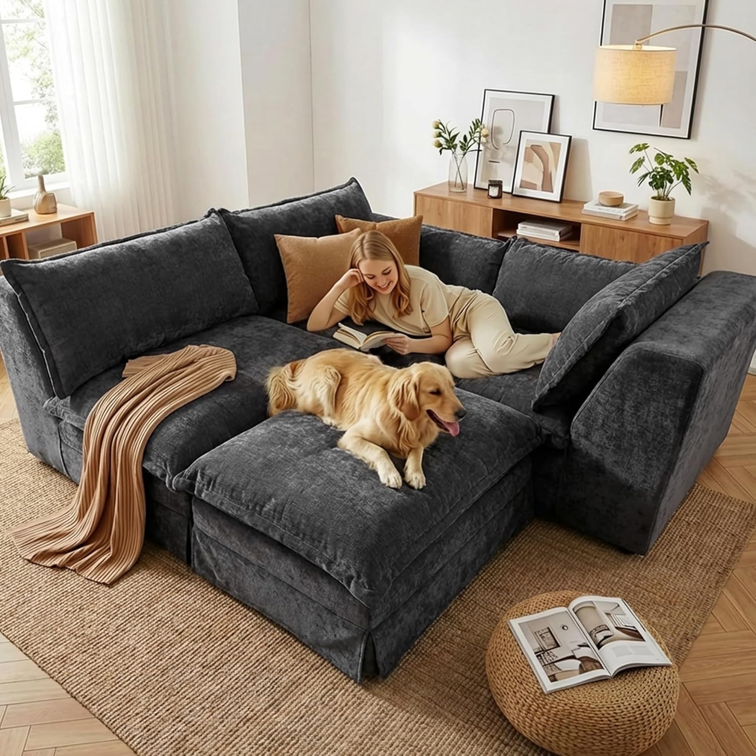 image:imageClaiks 118 Modern Boneless Couch Corduroy Modular Cloud Sofa for Living Room Deep Seat Sectional with Movable Ottoman No Assembly Required YellowDark Grey