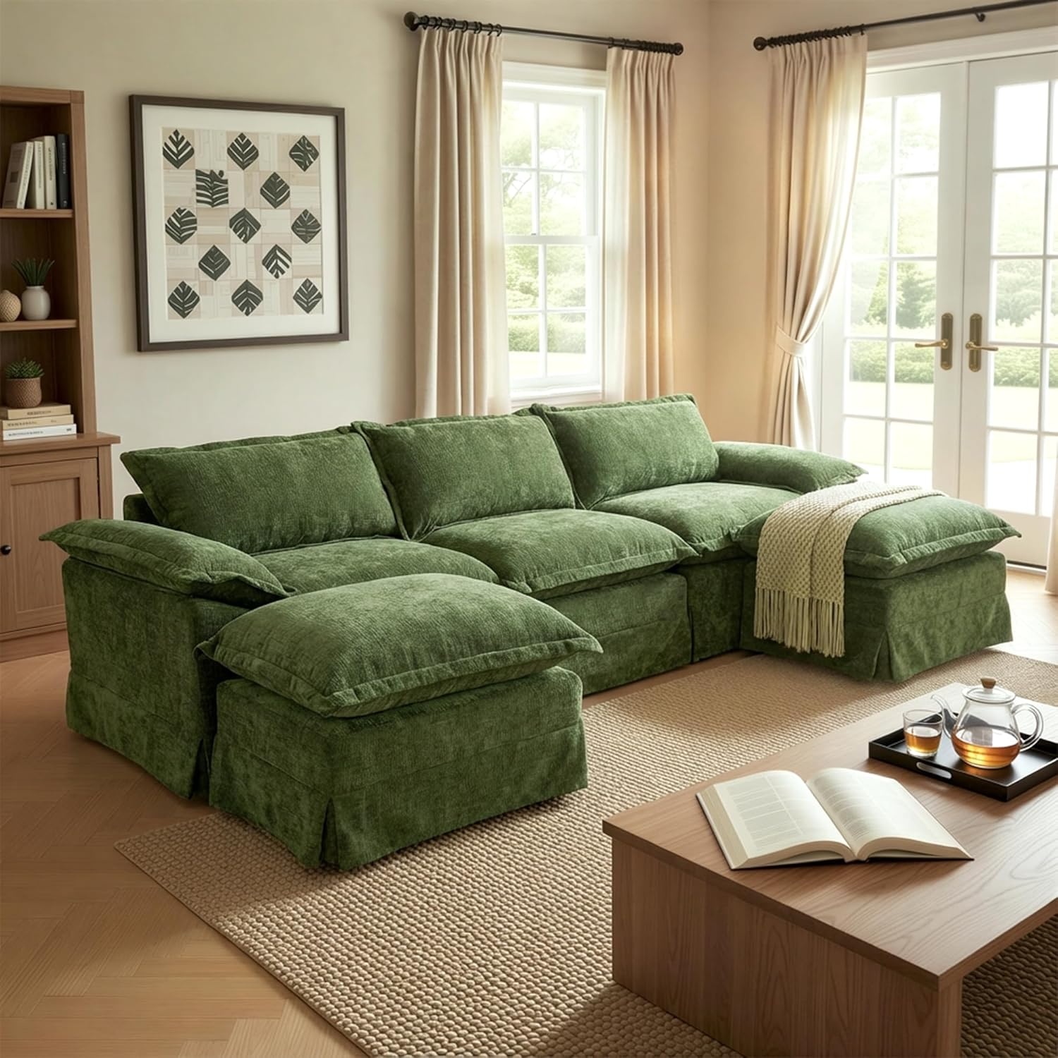 image:imageClaiks 118 Modern Boneless Couch Corduroy Modular Cloud Sofa for Living Room Deep Seat Sectional with Movable Ottoman No Assembly Required YellowDark Green