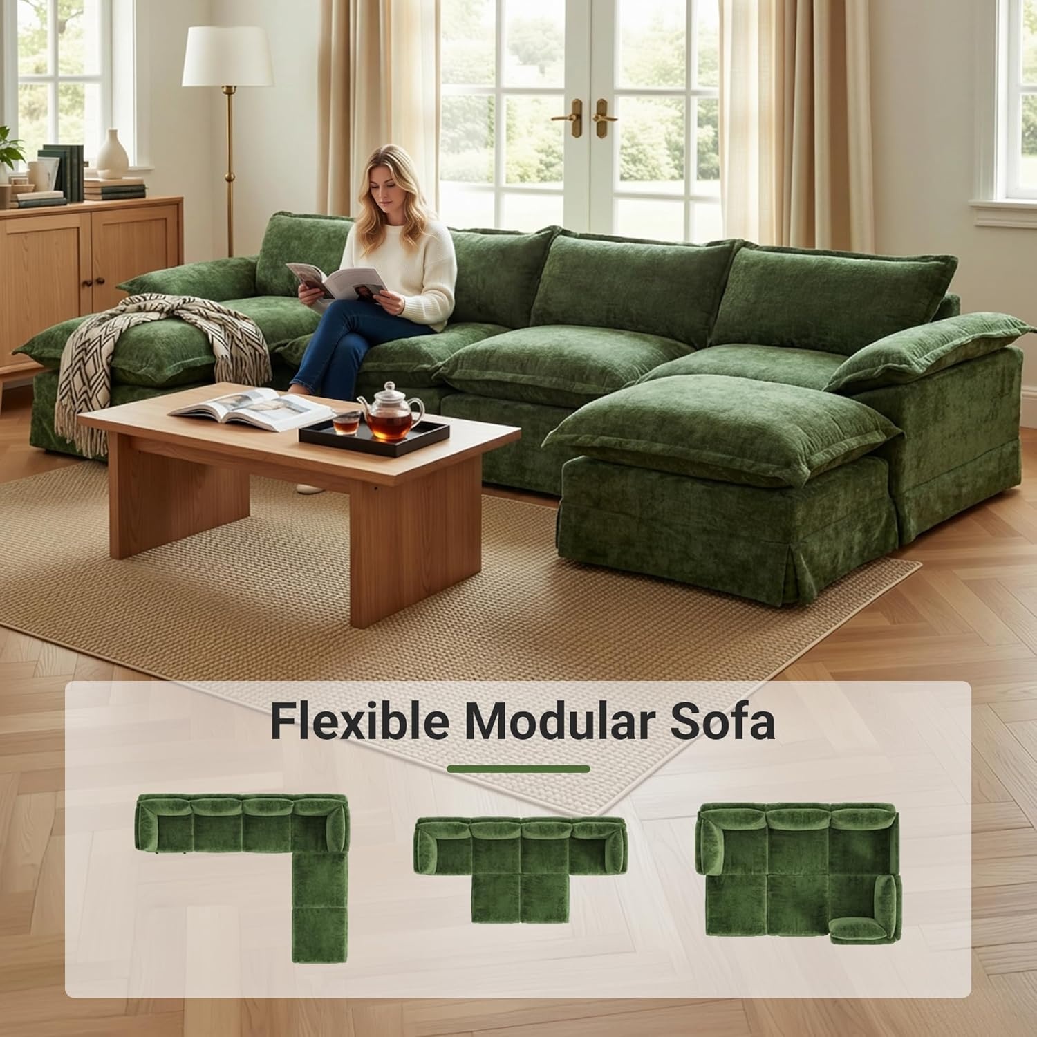 image:imageClaiks 118 Modern Boneless Couch Corduroy Modular Cloud Sofa for Living Room Deep Seat Sectional with Movable Ottoman No Assembly Required YellowDark Green