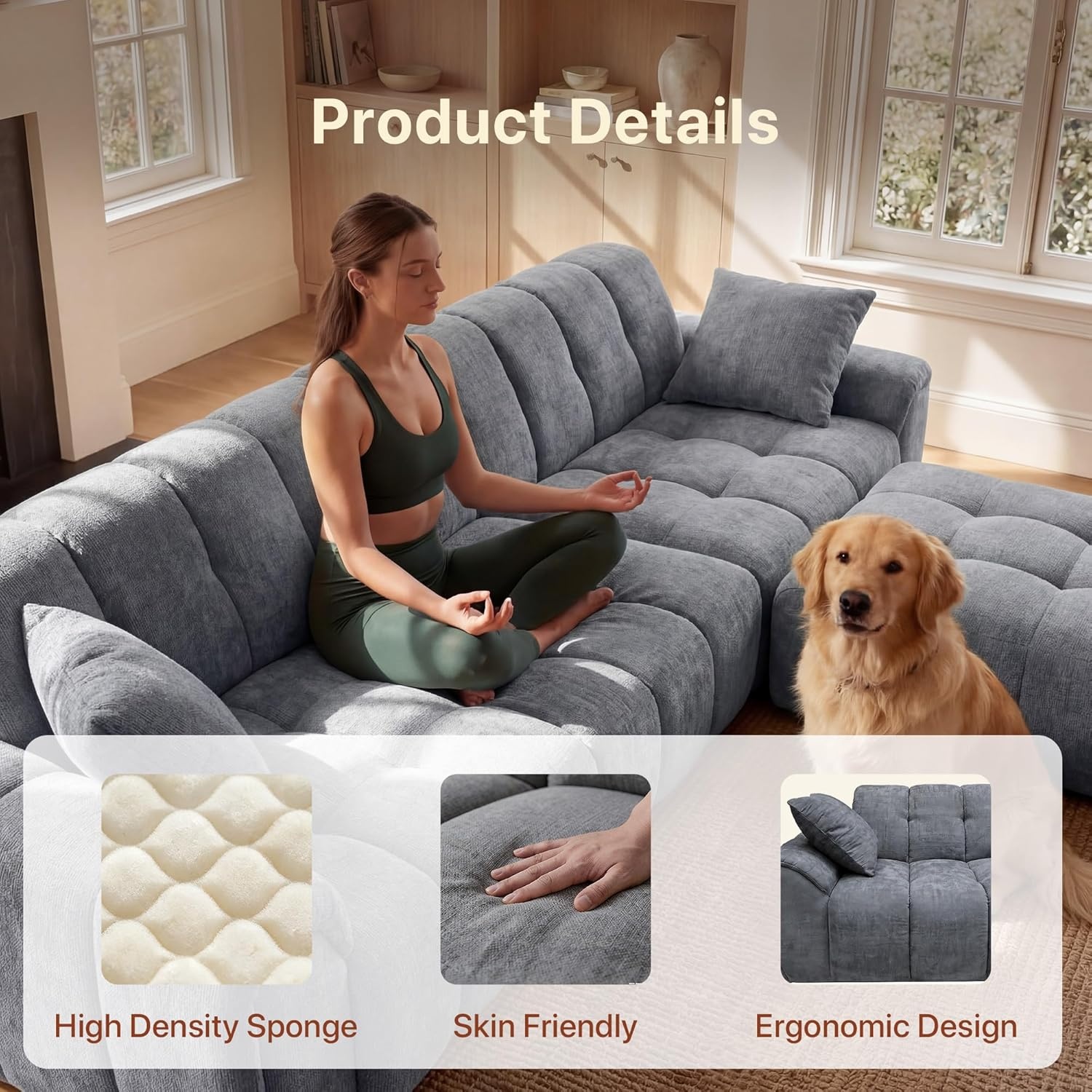 image:imageClaiks 118 Modern Boneless Couch Corduroy Modular Cloud Sofa for Living Room Deep Seat Sectional with Movable Ottoman No Assembly Required YellowDark Grey