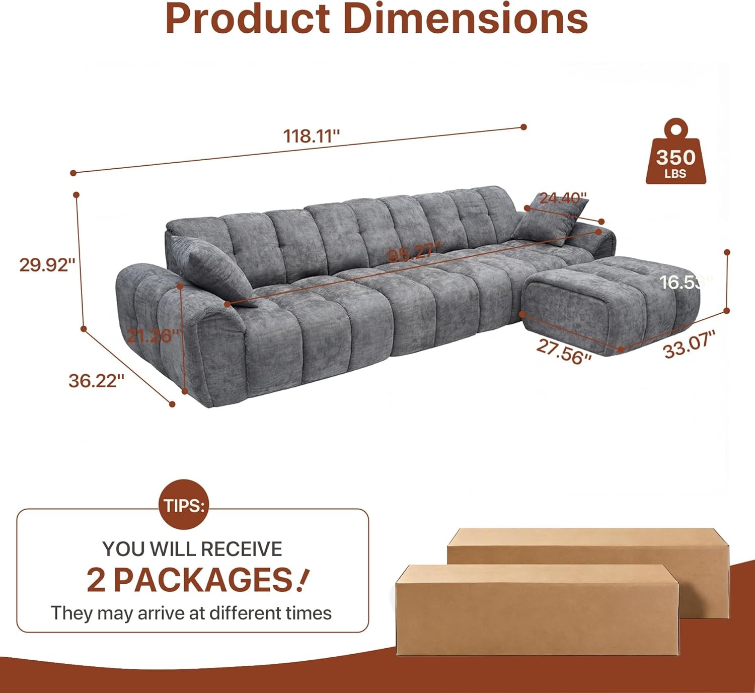 image:imageClaiks 118 Modern Boneless Couch Corduroy Modular Cloud Sofa for Living Room Deep Seat Sectional with Movable Ottoman No Assembly Required YellowDark Grey