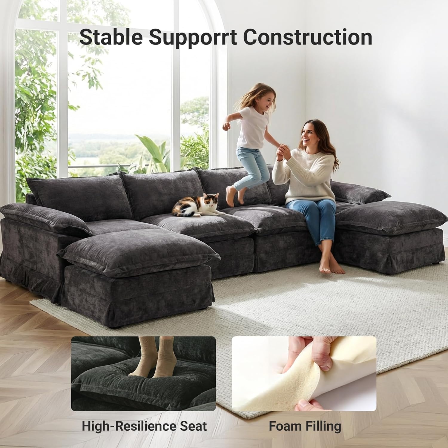 image:imageClaiks 118 Modern Boneless Couch Corduroy Modular Cloud Sofa for Living Room Deep Seat Sectional with Movable Ottoman No Assembly Required YellowDark Grey