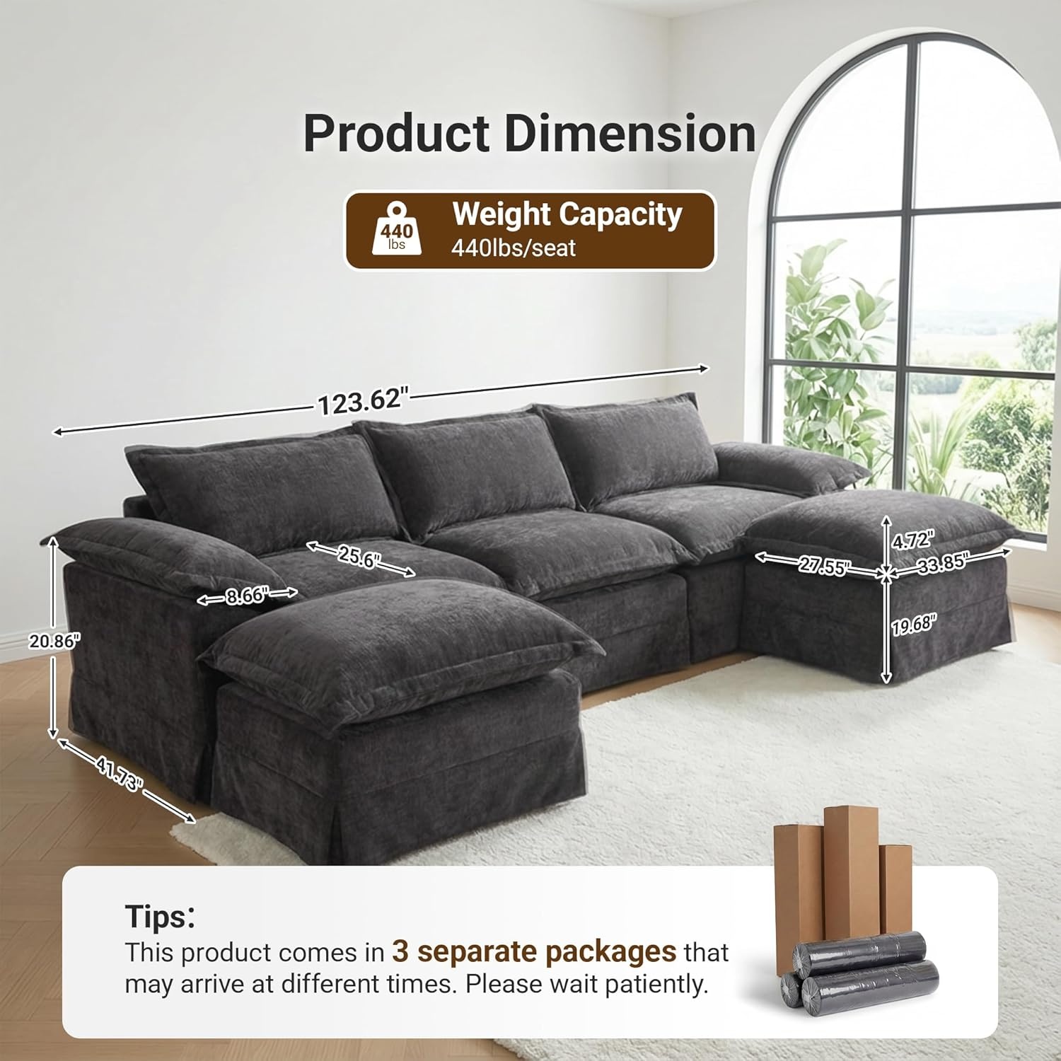 image:imageClaiks 118 Modern Boneless Couch Corduroy Modular Cloud Sofa for Living Room Deep Seat Sectional with Movable Ottoman No Assembly Required YellowDark Grey