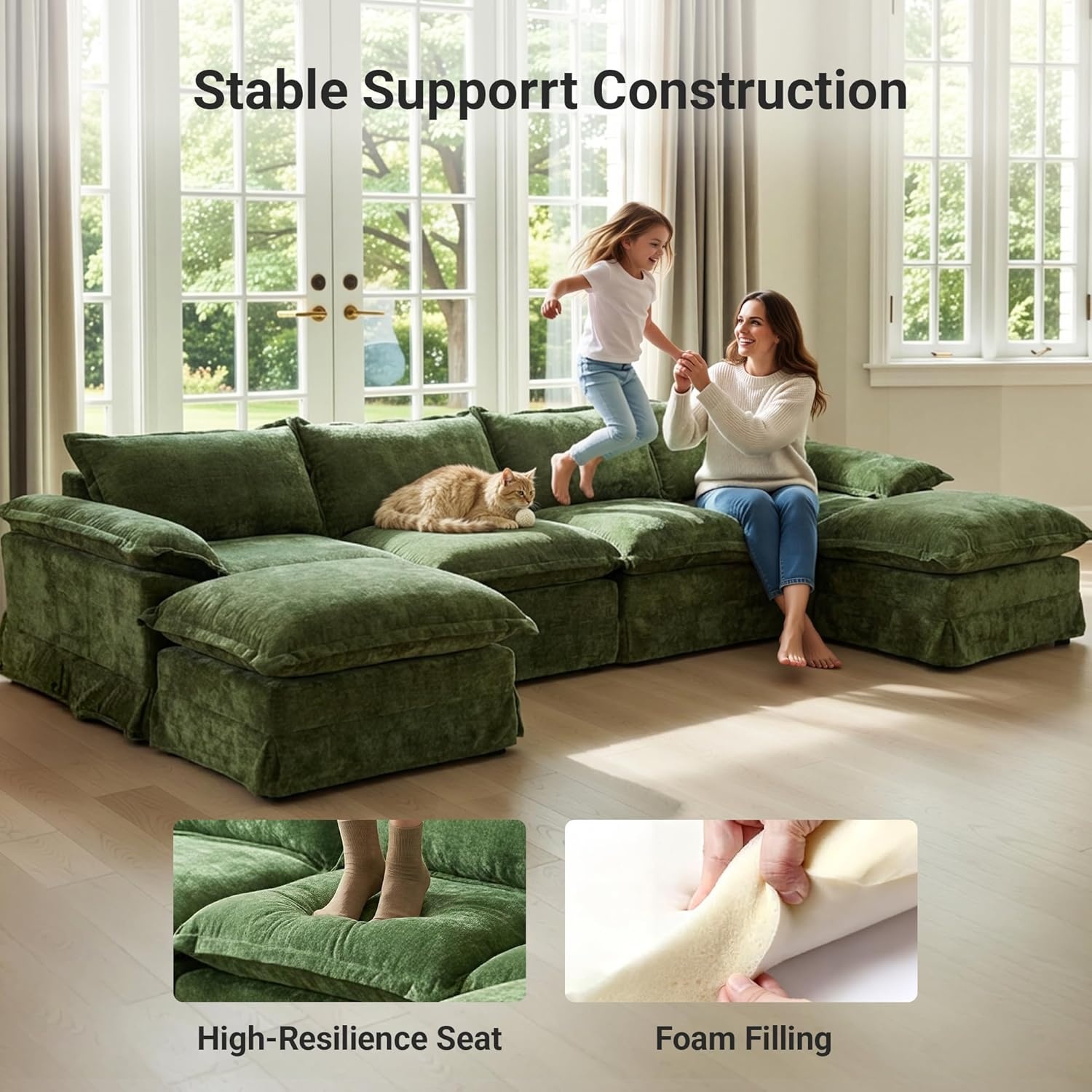 image:imageClaiks 118 Modern Boneless Couch Corduroy Modular Cloud Sofa for Living Room Deep Seat Sectional with Movable Ottoman No Assembly Required YellowDark Green