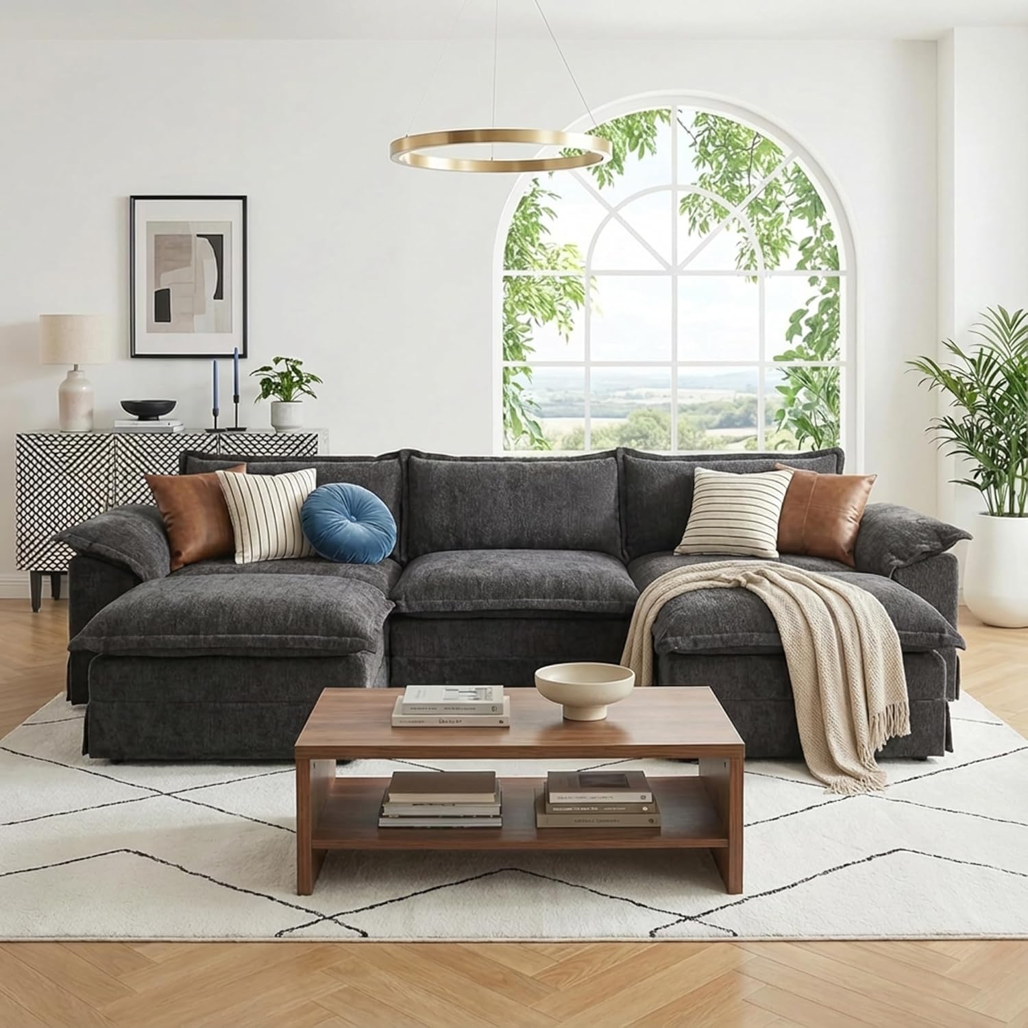 image:imageClaiks 118 Modern Boneless Couch Corduroy Modular Cloud Sofa for Living Room Deep Seat Sectional with Movable Ottoman No Assembly Required YellowDark Grey