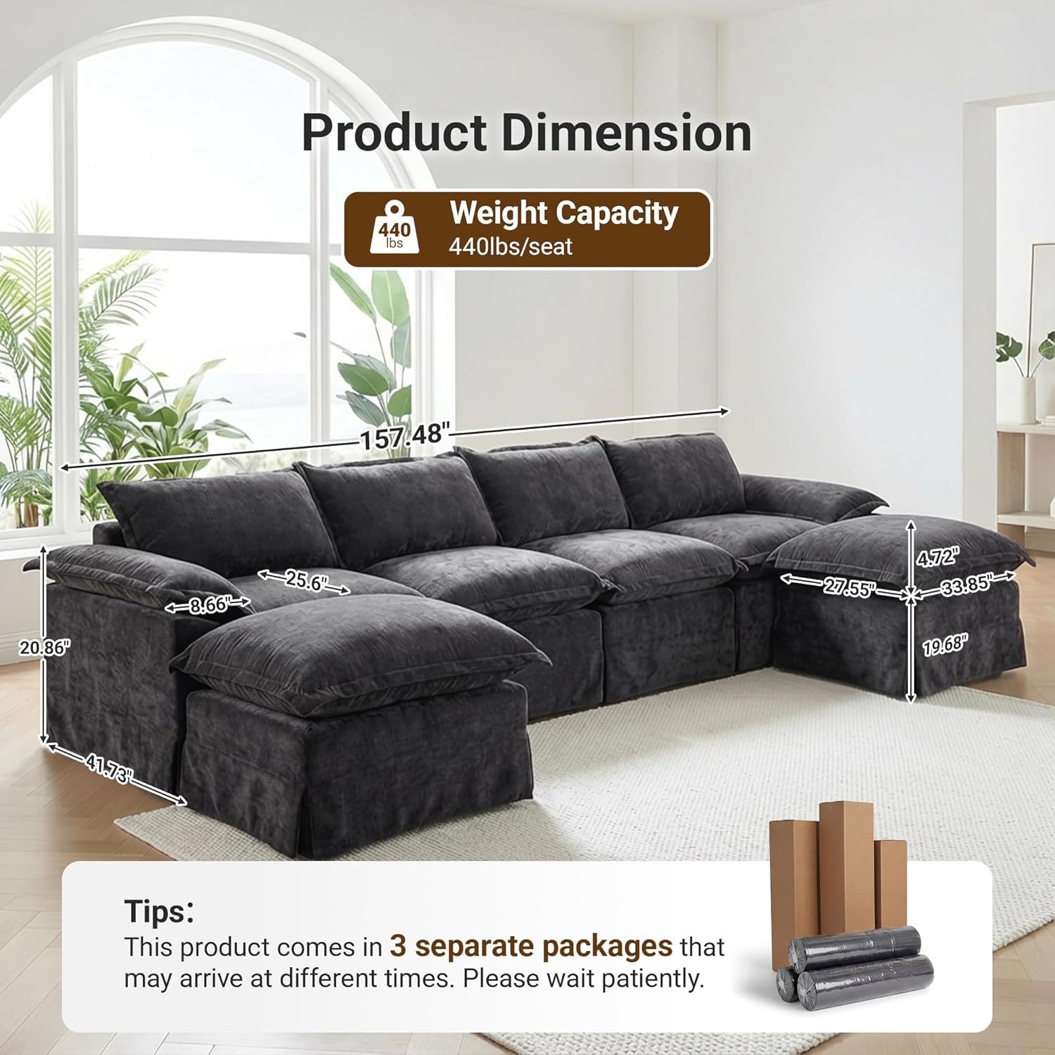 image:imageClaiks 118 Modern Boneless Couch Corduroy Modular Cloud Sofa for Living Room Deep Seat Sectional with Movable Ottoman No Assembly Required YellowDark Grey