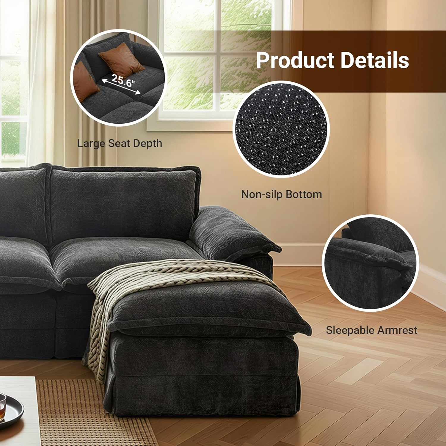 image:imageClaiks 118 Modern Boneless Couch Corduroy Modular Cloud Sofa for Living Room Deep Seat Sectional with Movable Ottoman No Assembly Required YellowDark Grey