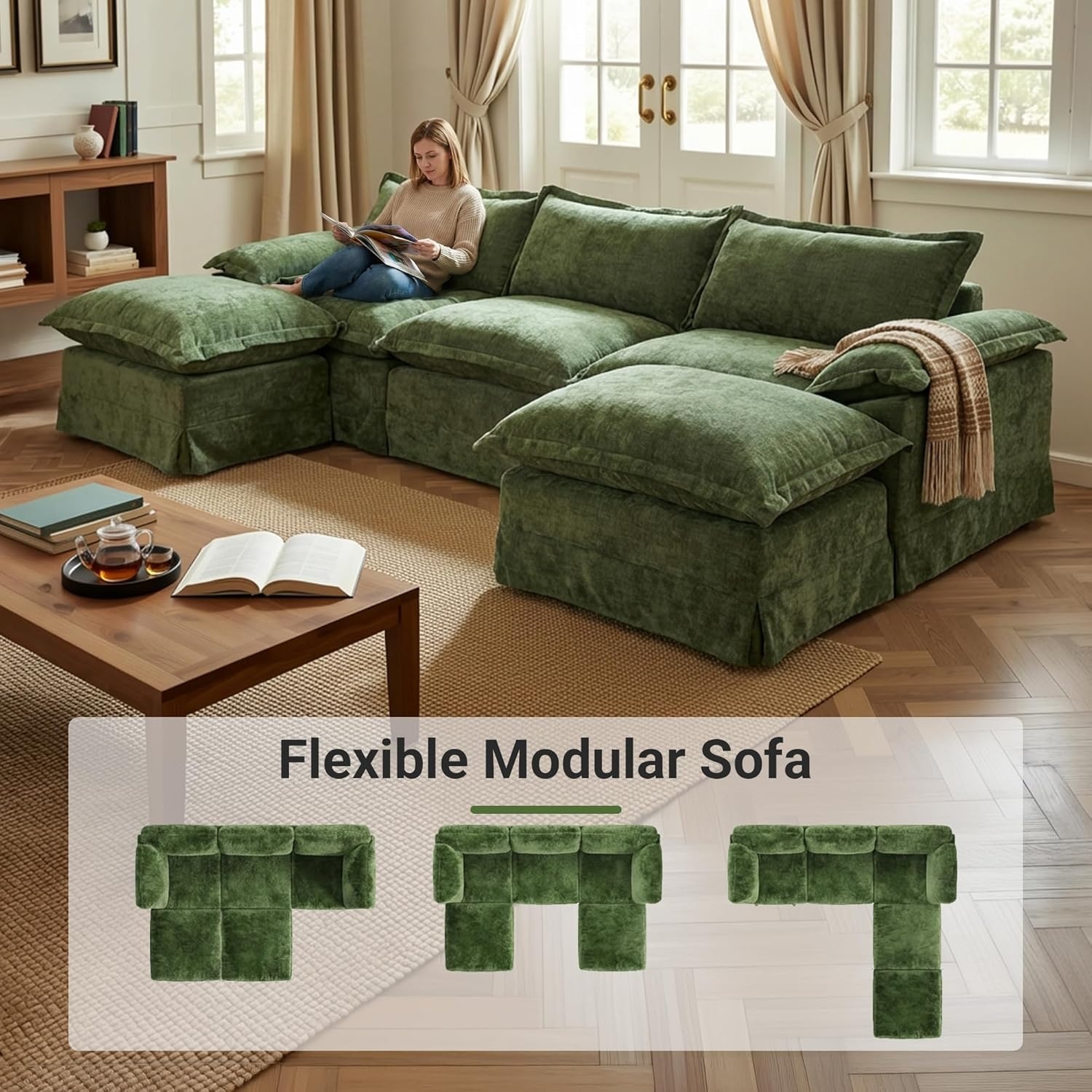 image:imageClaiks 118 Modern Boneless Couch Corduroy Modular Cloud Sofa for Living Room Deep Seat Sectional with Movable Ottoman No Assembly Required YellowDark Green