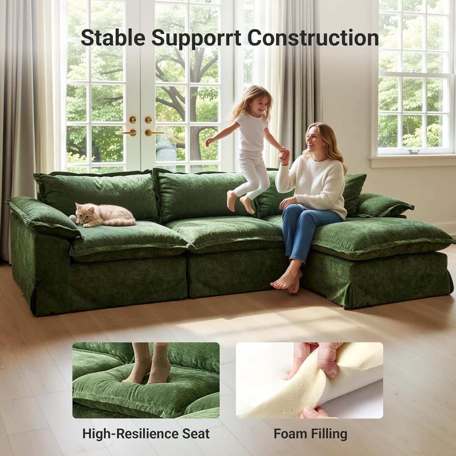 image:imageClaiks 118 Modern Boneless Couch Corduroy Modular Cloud Sofa for Living Room Deep Seat Sectional with Movable Ottoman No Assembly Required YellowDark Green