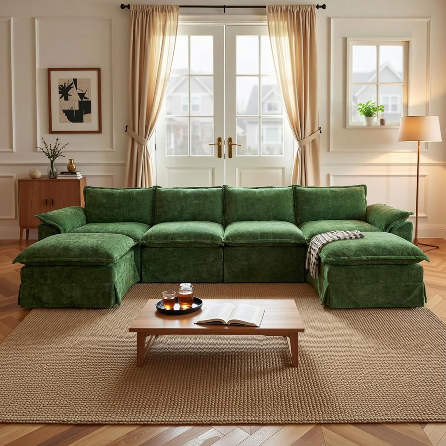 image:imageClaiks 118 Modern Boneless Couch Corduroy Modular Cloud Sofa for Living Room Deep Seat Sectional with Movable Ottoman No Assembly Required YellowDark Green