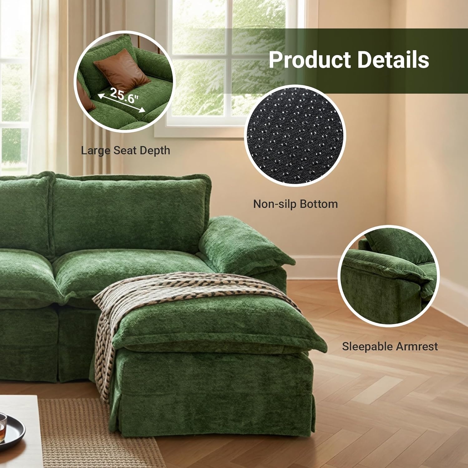 image:imageClaiks 118 Modern Boneless Couch Corduroy Modular Cloud Sofa for Living Room Deep Seat Sectional with Movable Ottoman No Assembly Required YellowDark Green