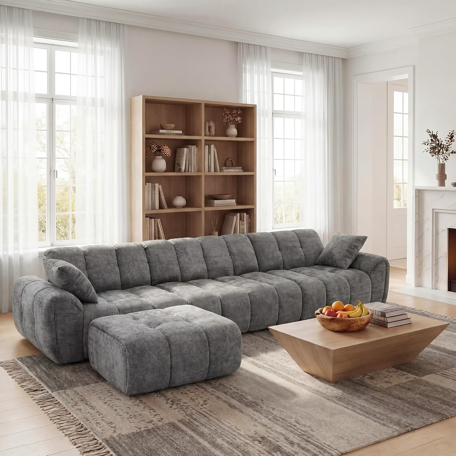 image:imageClaiks 118 Modern Boneless Couch Corduroy Modular Cloud Sofa for Living Room Deep Seat Sectional with Movable Ottoman No Assembly Required YellowDark Grey