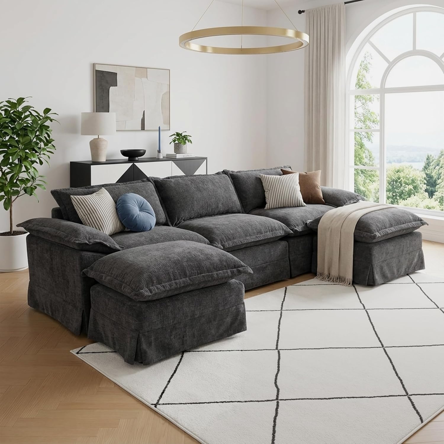 image:imageClaiks 118 Modern Boneless Couch Corduroy Modular Cloud Sofa for Living Room Deep Seat Sectional with Movable Ottoman No Assembly Required YellowDark Grey