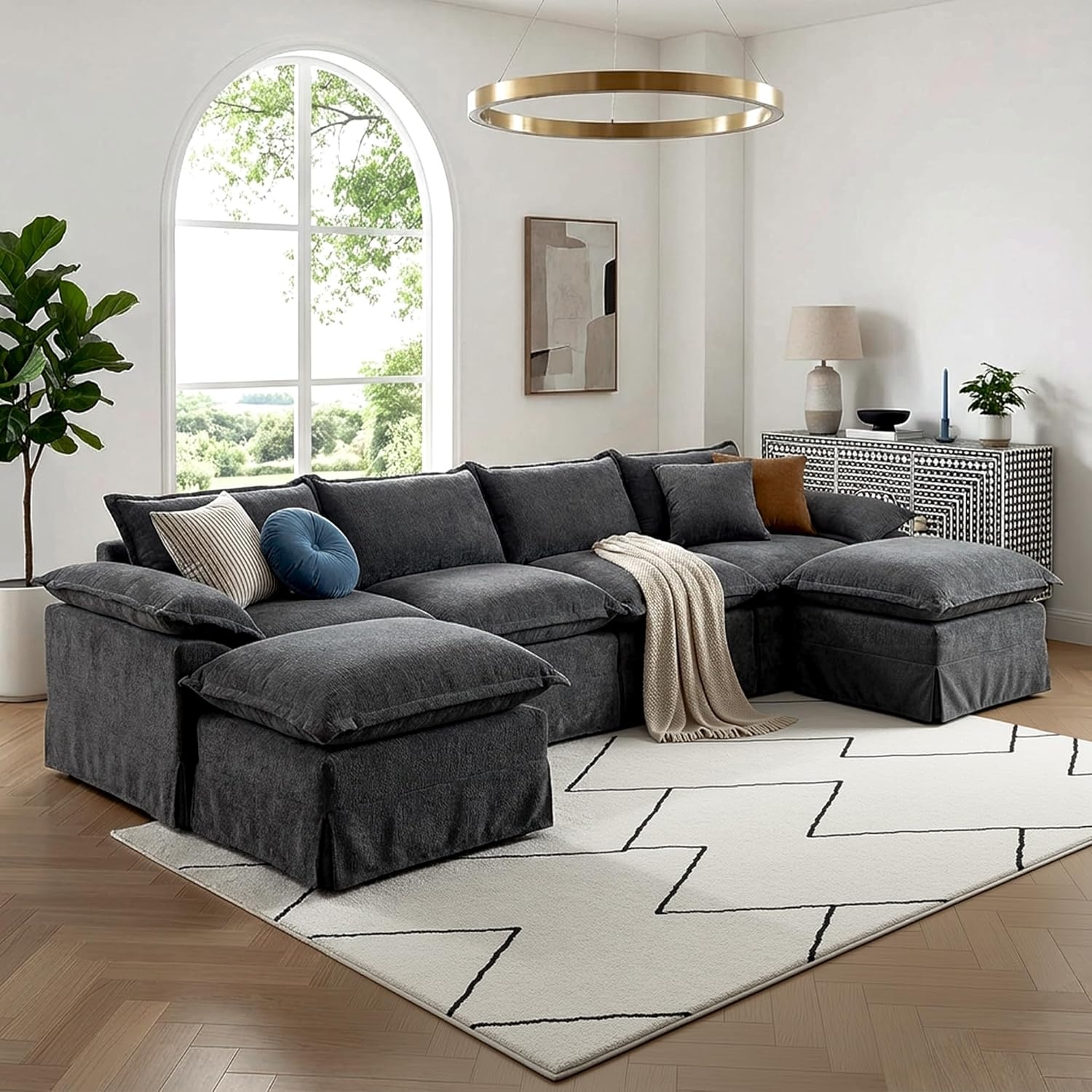 image:imageClaiks 118 Modern Boneless Couch Corduroy Modular Cloud Sofa for Living Room Deep Seat Sectional with Movable Ottoman No Assembly Required YellowDark Grey