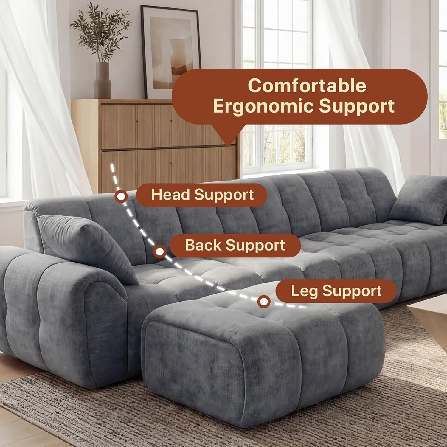 image:imageClaiks 118 Modern Boneless Couch Corduroy Modular Cloud Sofa for Living Room Deep Seat Sectional with Movable Ottoman No Assembly Required YellowDark Grey