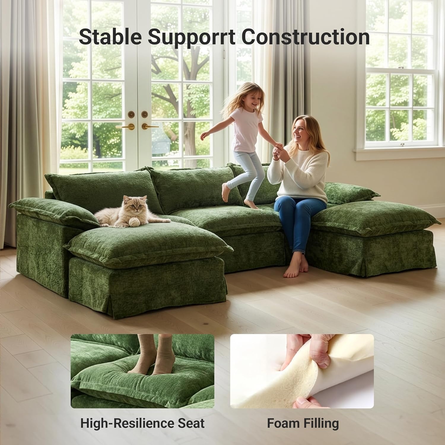image:imageClaiks 118 Modern Boneless Couch Corduroy Modular Cloud Sofa for Living Room Deep Seat Sectional with Movable Ottoman No Assembly Required YellowDark Green