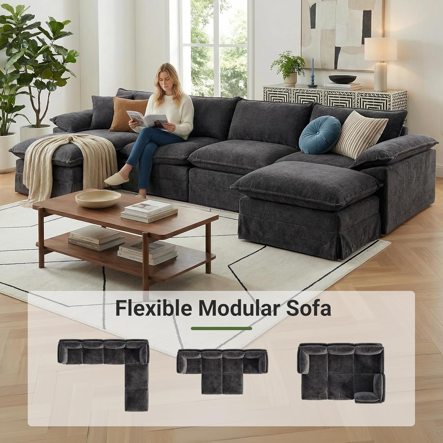 image:imageClaiks 118 Modern Boneless Couch Corduroy Modular Cloud Sofa for Living Room Deep Seat Sectional with Movable Ottoman No Assembly Required YellowDark Grey