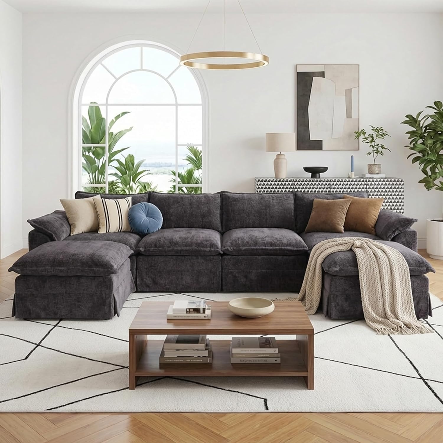 image:imageClaiks 118 Modern Boneless Couch Corduroy Modular Cloud Sofa for Living Room Deep Seat Sectional with Movable Ottoman No Assembly Required YellowDark Grey
