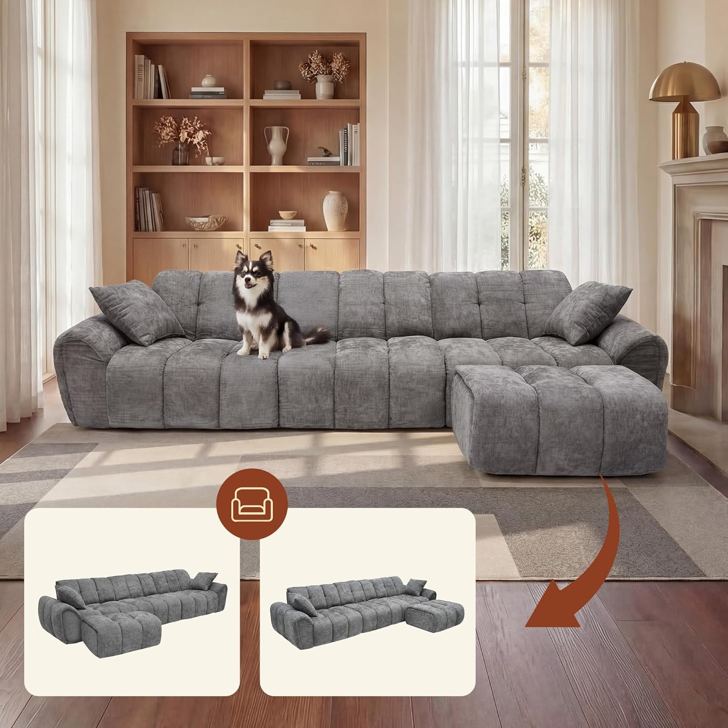 image:imageClaiks 118 Modern Boneless Couch Corduroy Modular Cloud Sofa for Living Room Deep Seat Sectional with Movable Ottoman No Assembly Required YellowDark Grey