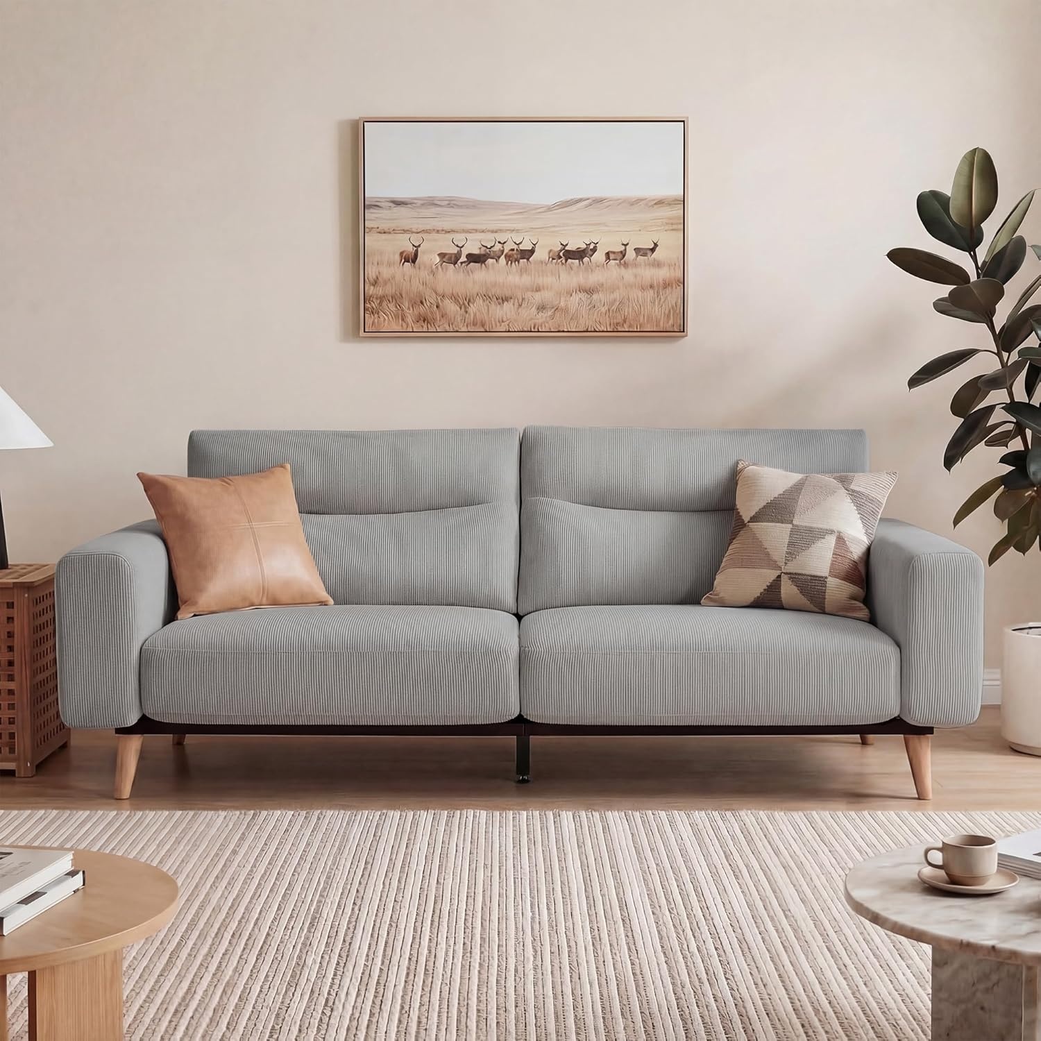 image:imageClaiks 118 Modern Boneless Couch Corduroy Modular Cloud Sofa for Living Room Deep Seat Sectional with Movable Ottoman No Assembly Required YellowLight Grey
