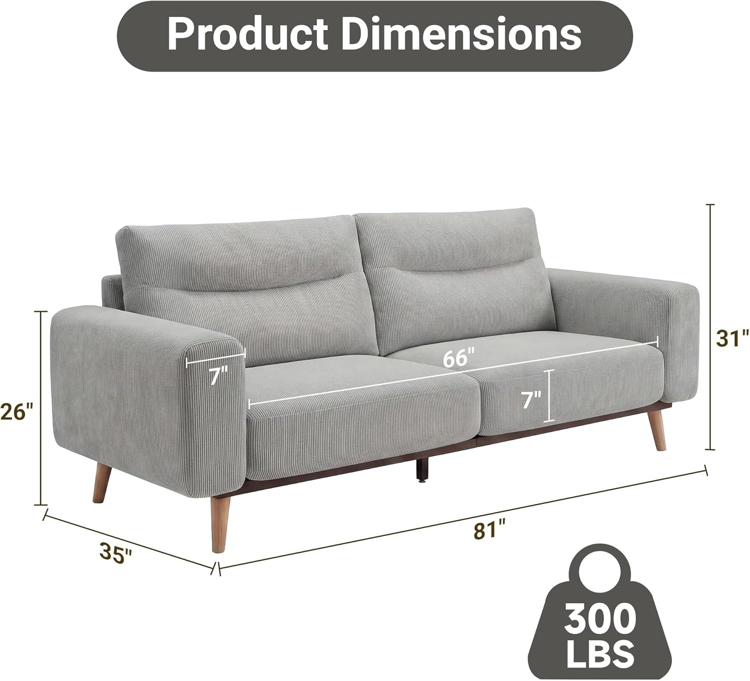 image:imageClaiks 118 Modern Boneless Couch Corduroy Modular Cloud Sofa for Living Room Deep Seat Sectional with Movable Ottoman No Assembly Required YellowLight Grey