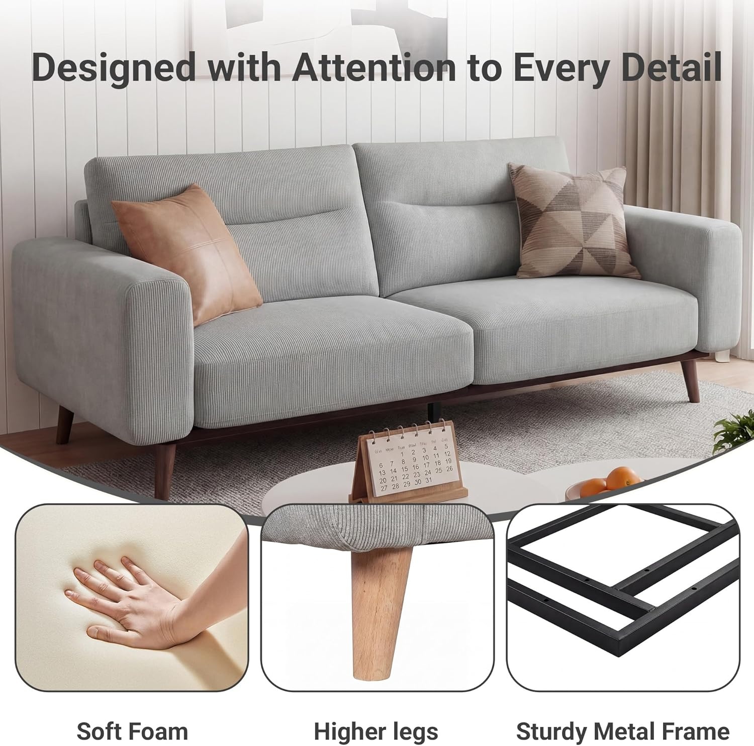 image:imageClaiks 118 Modern Boneless Couch Corduroy Modular Cloud Sofa for Living Room Deep Seat Sectional with Movable Ottoman No Assembly Required YellowLight Grey