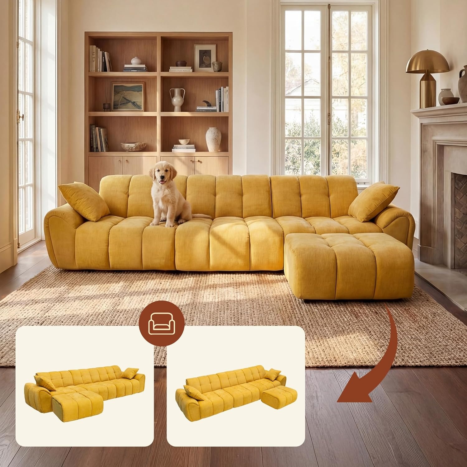 image:imageClaiks 118 Modern Boneless Couch Corduroy Modular Cloud Sofa for Living Room Deep Seat Sectional with Movable Ottoman No Assembly Required YellowYellow