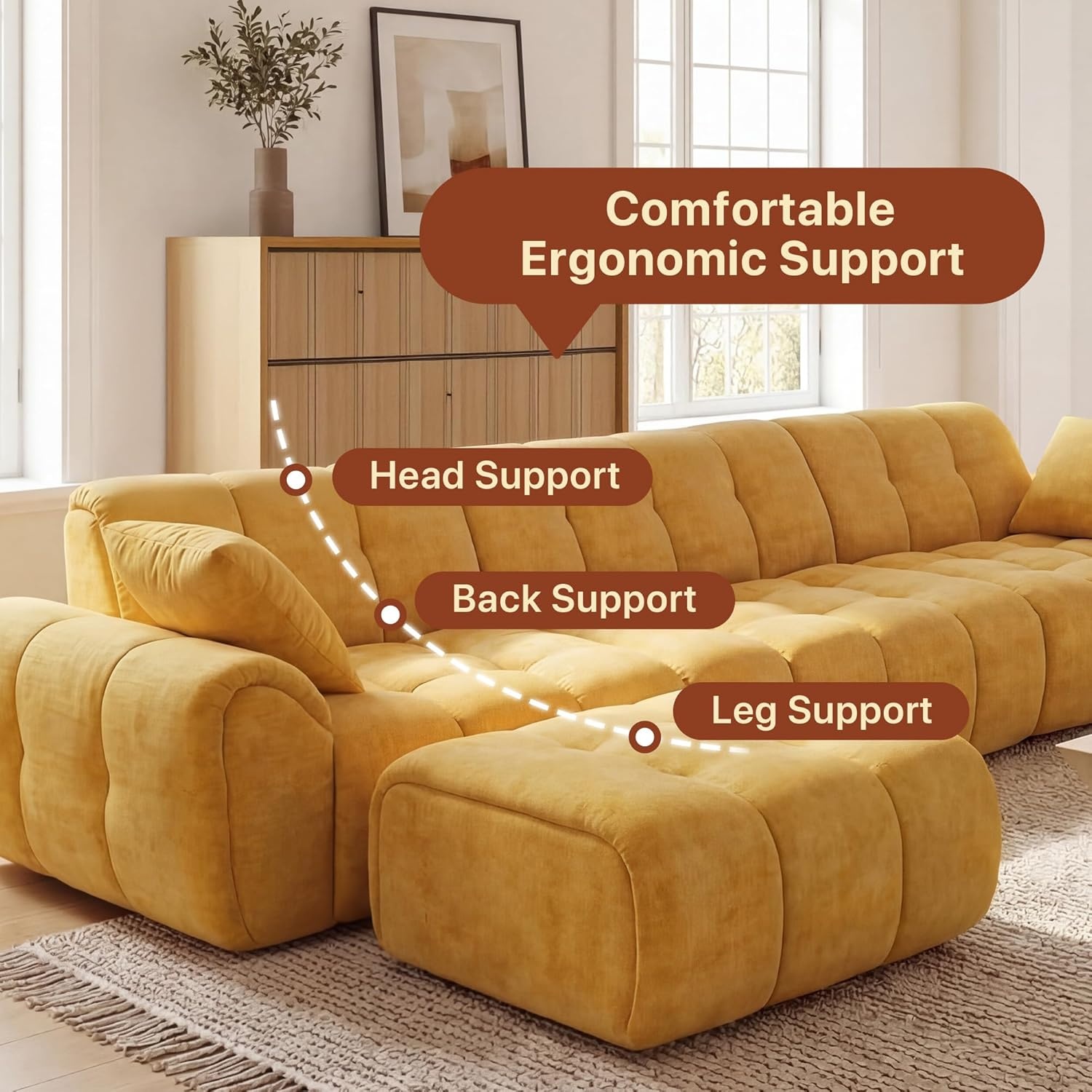 image:imageClaiks 118 Modern Boneless Couch Corduroy Modular Cloud Sofa for Living Room Deep Seat Sectional with Movable Ottoman No Assembly Required YellowYellow